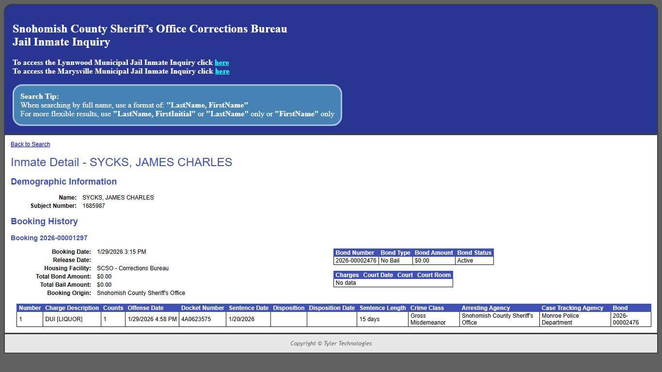 Inmate Detail - SYCKS, JAMES CHARLES